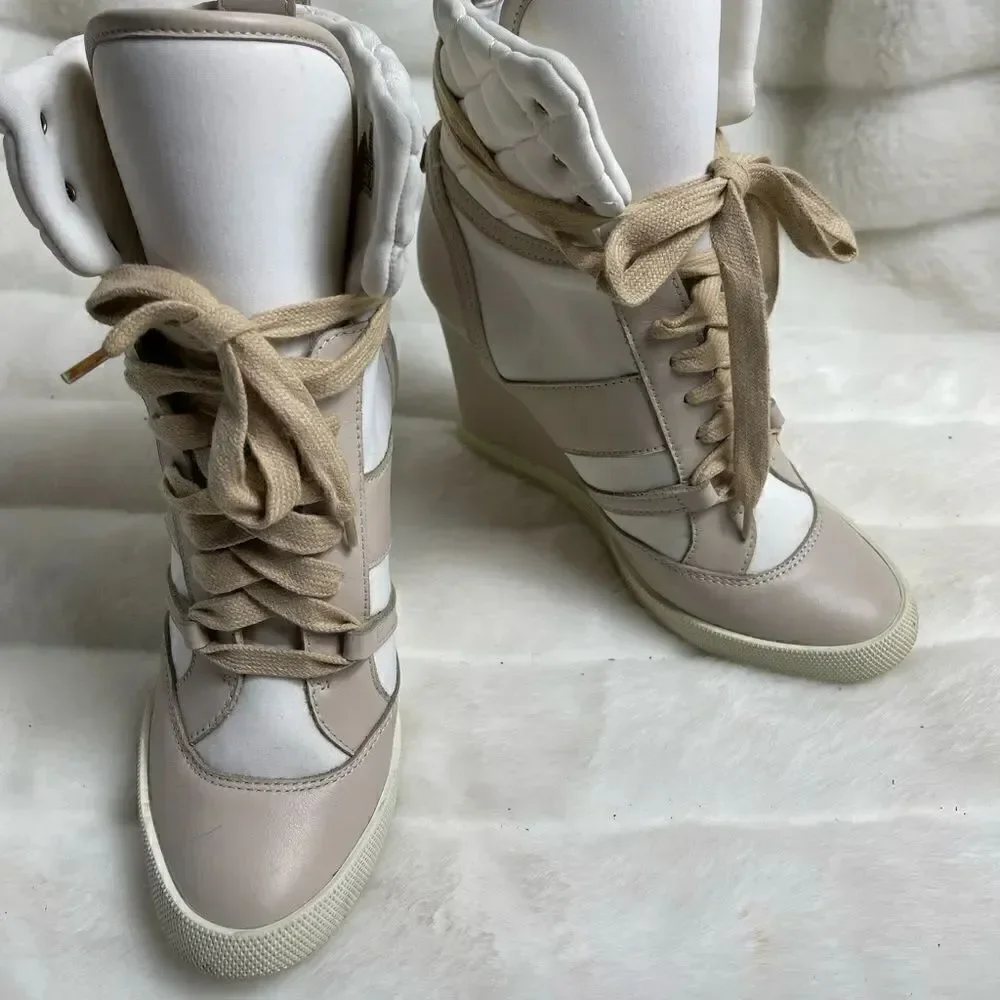 Chloe high top wedge sneakers in white suede and tan leather trim size E…